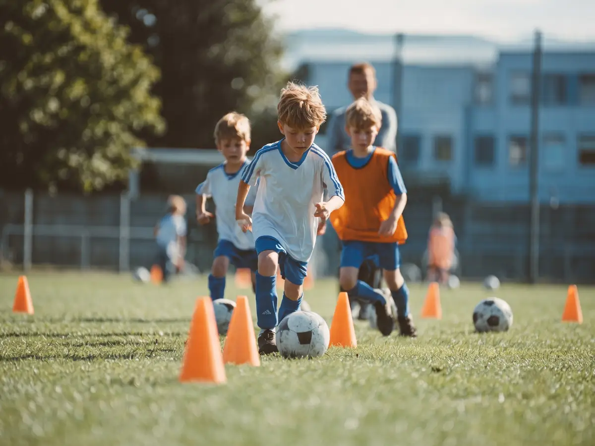 Young football players training on the pitch with a coach